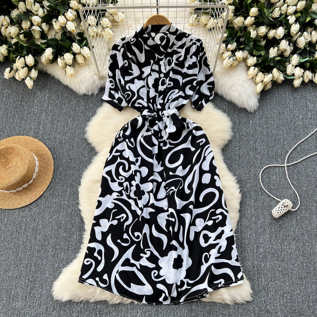 Geometric Printed Single-breasted Shirt Dress