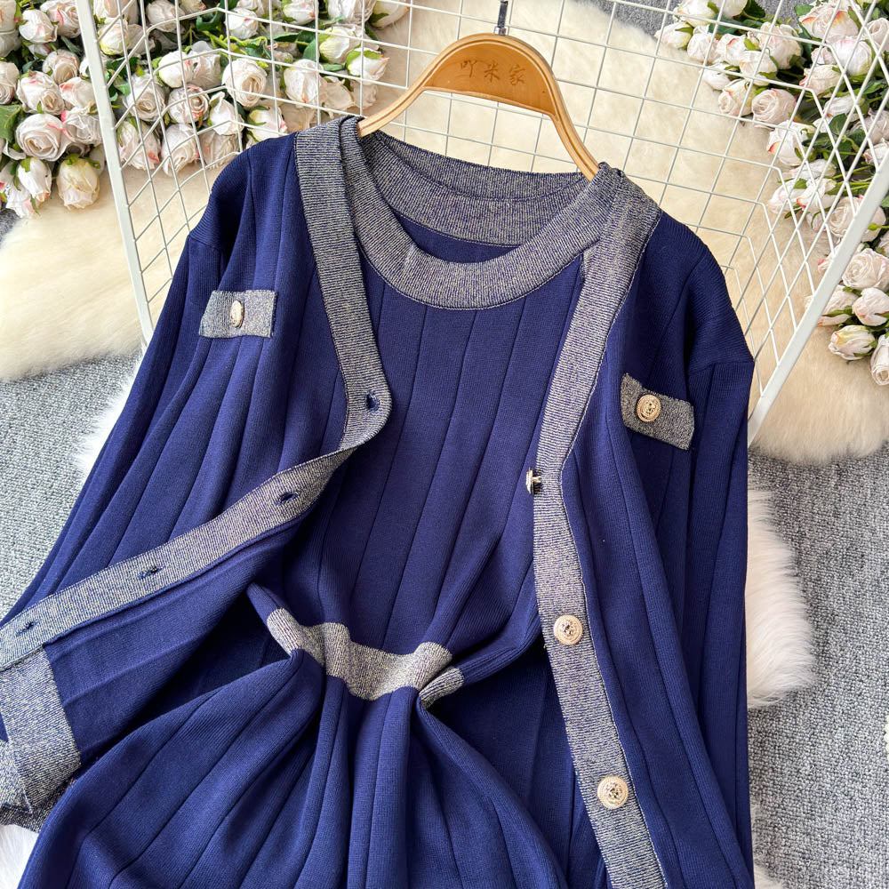 Cardigan&Vest Dress Color Blocking 2Pcs