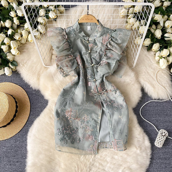 Ruffled Cheongsam&Shorts Floral 2Pcs