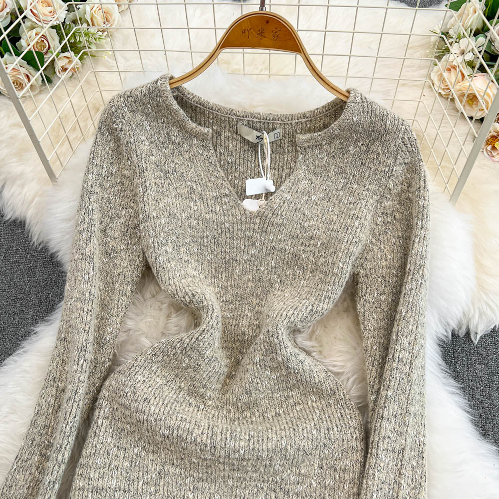 V-neck Flared Sleeve Knitted Dress