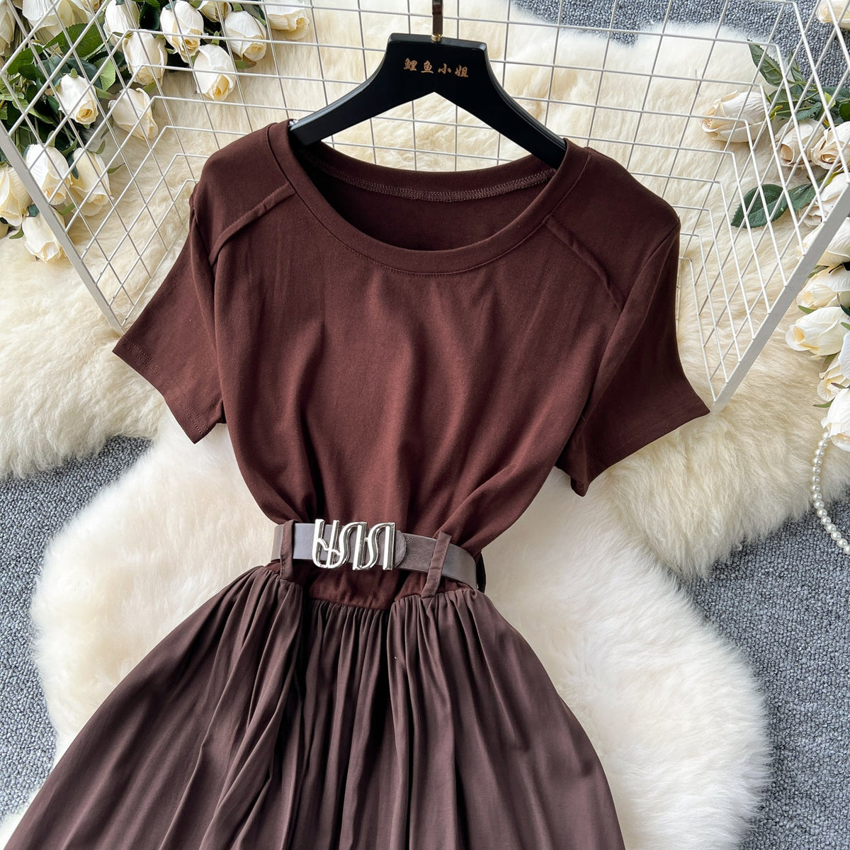Round Collar Draped Patchwork Dress