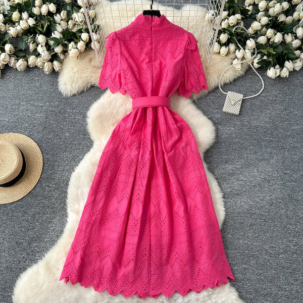 Hollowed Crochet Single-breasted Shirt Dress