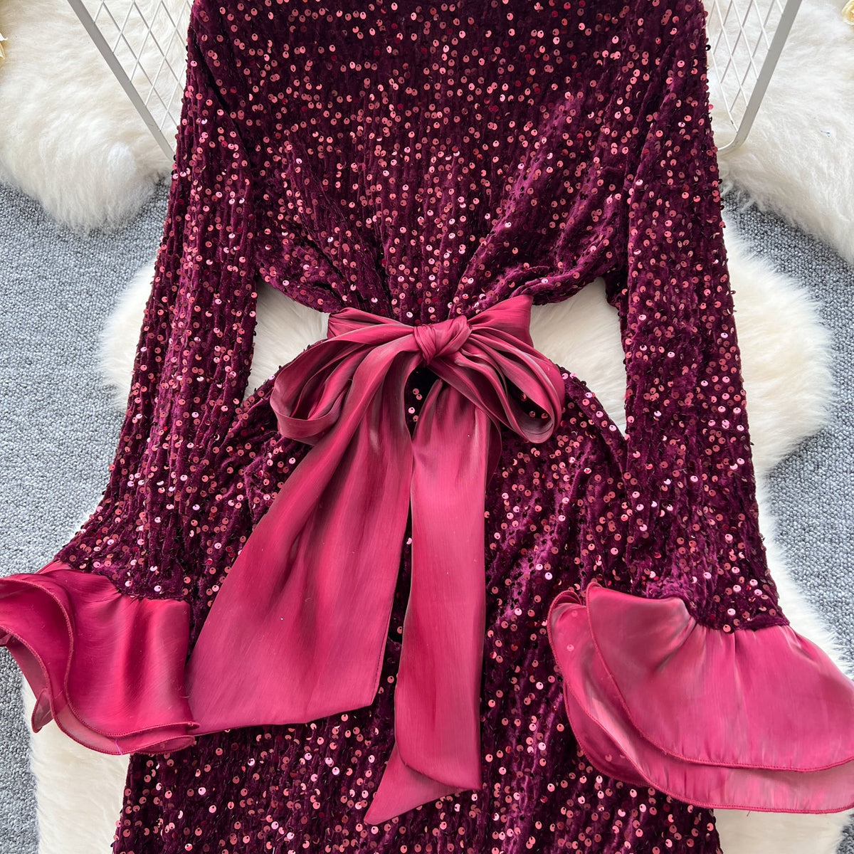 High-end Sequined Ruffled Hem Dress