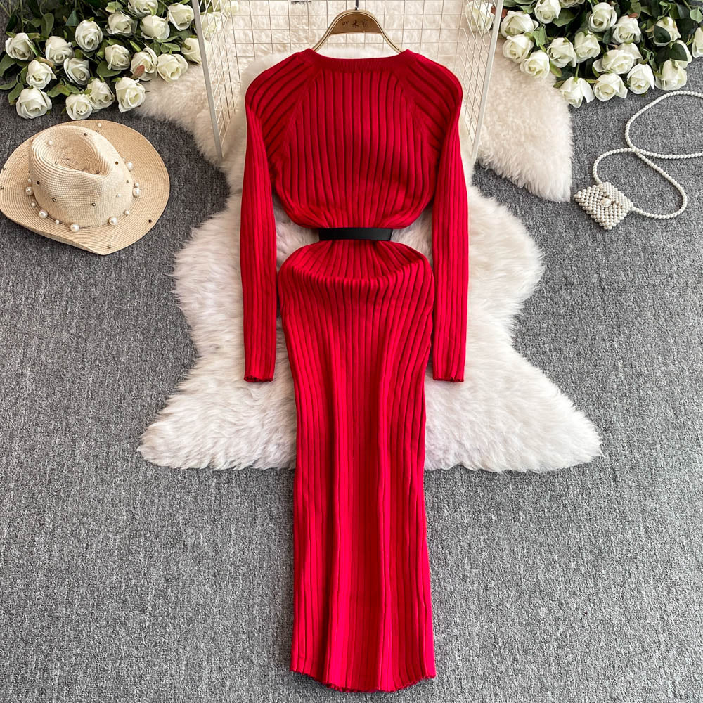 V-neck Elastic Knitted Dress with Belt