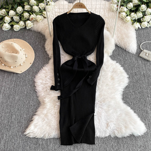 V-neck Bodycon Split Knitted Dress