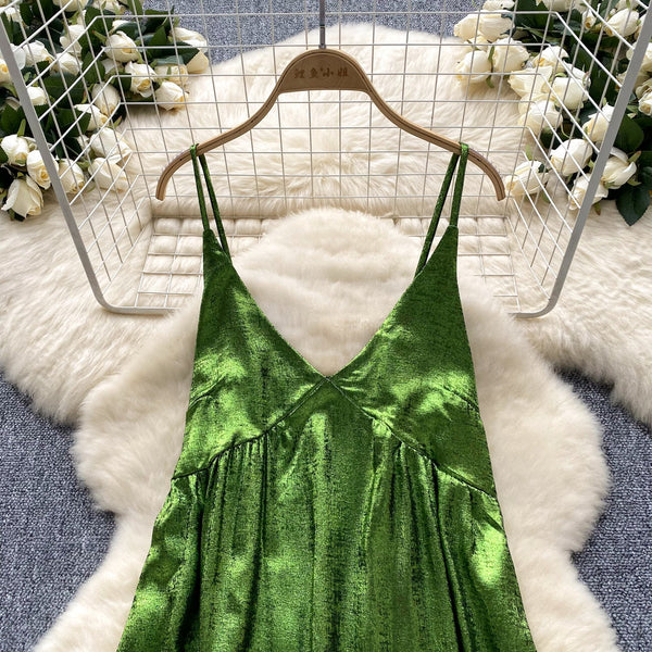 V-neck Glossy Green Slip Dress