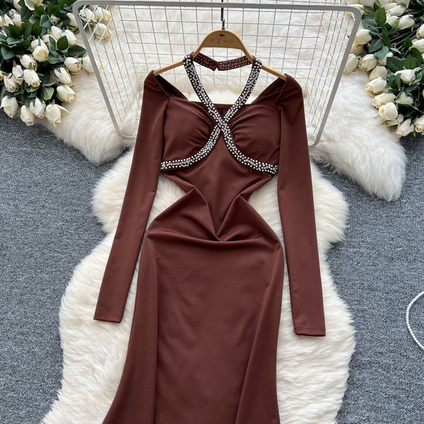 Beaded Cross Halter Party Dress