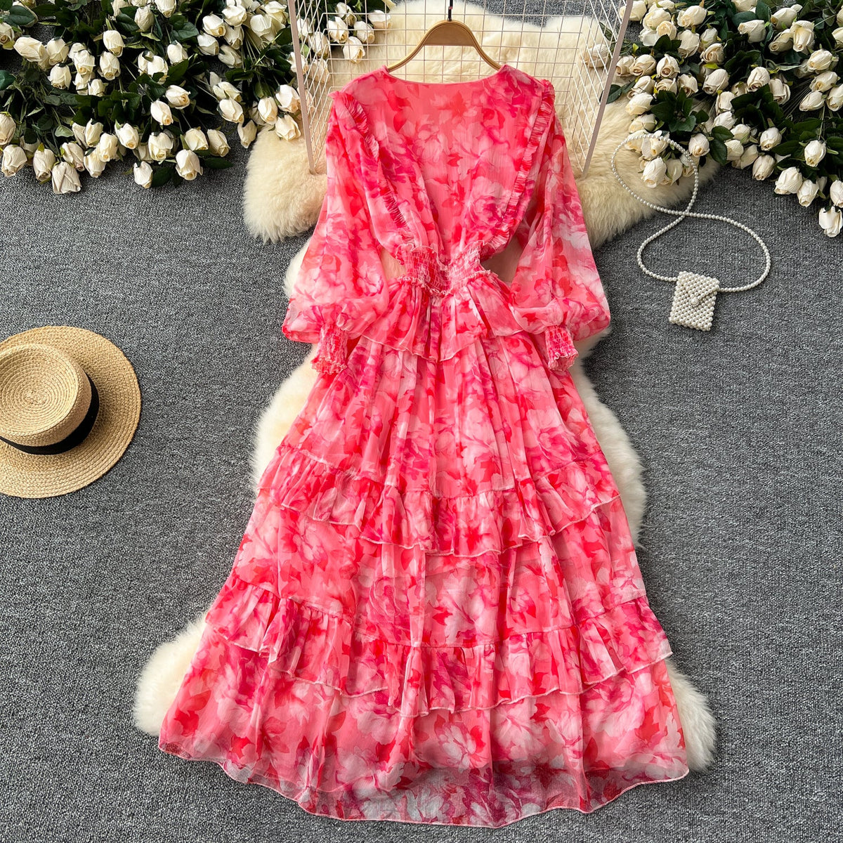 French Style V-neck Floral Chiffon Dress