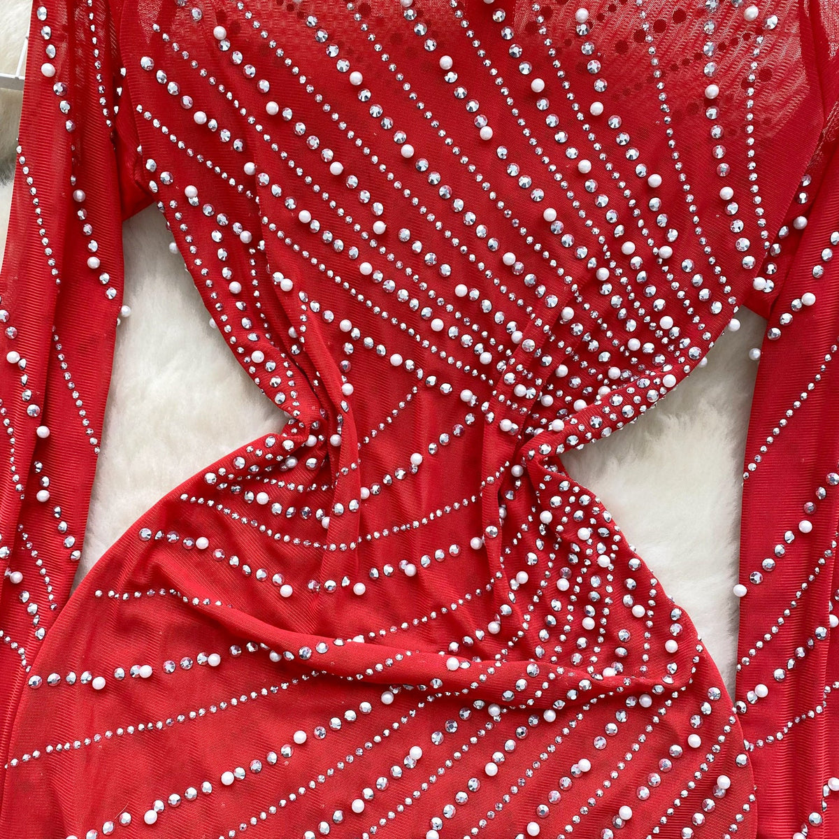 Rhinestone Studded Fringed Mesh Dress