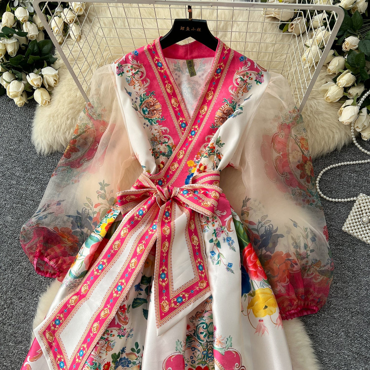 Courtly Lace-up Floral Printed Dress
