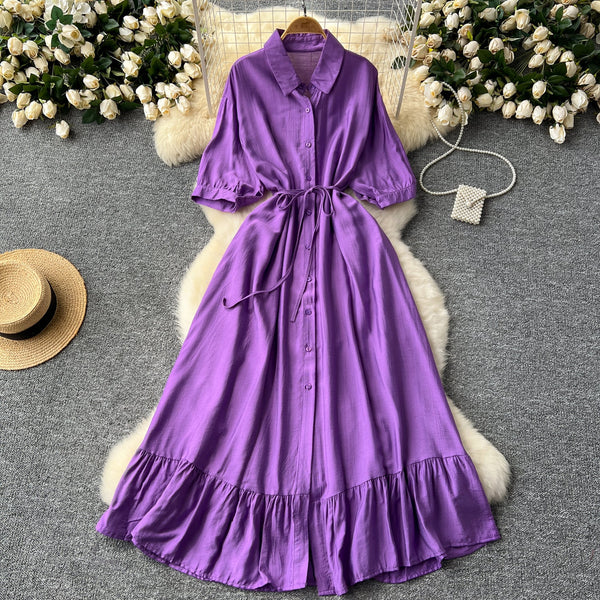 Vintage Solid Color Ruffled Shirt Dress