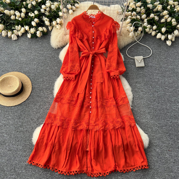 Vintage Lace Patchwork Single-breasted Dress