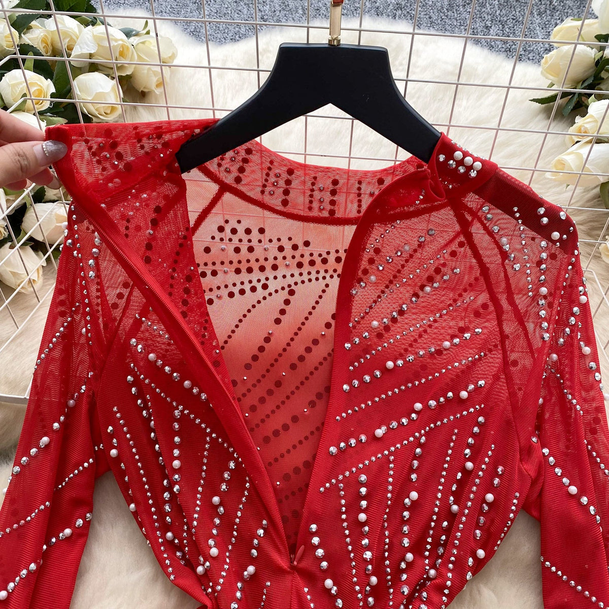 Rhinestone Studded Fringed Mesh Dress