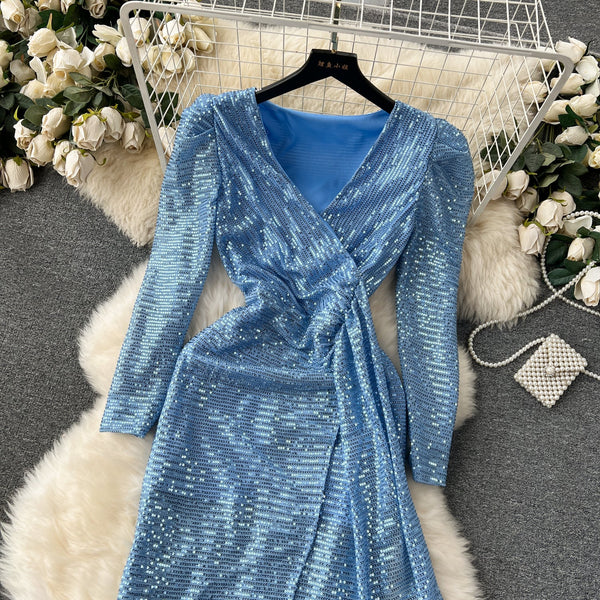 Slim-fit V-neck Sequined Party Dress