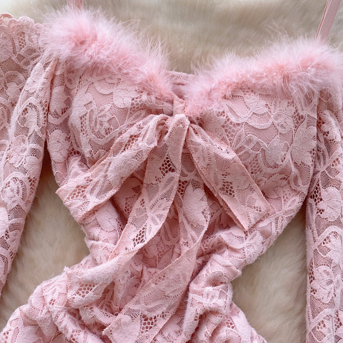 Crochet Lace Furry Patchwork Slip Dress