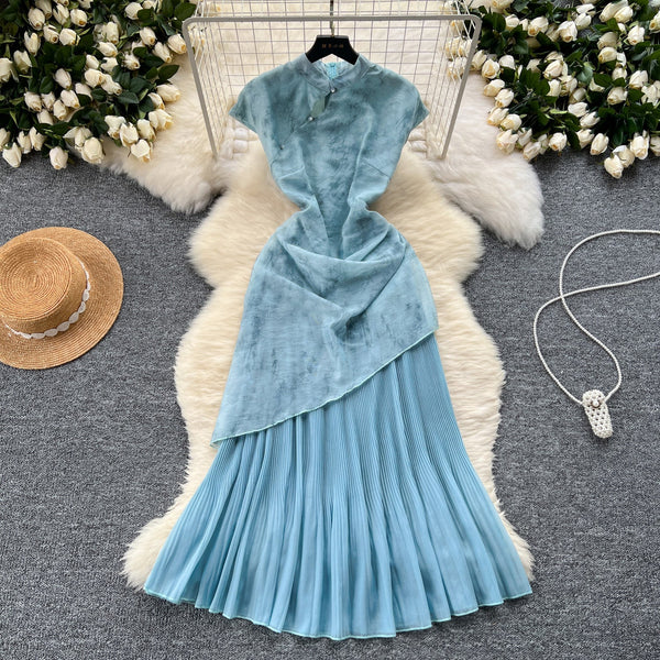 Patchwork Pleated Fishtail Cheongsam Dress