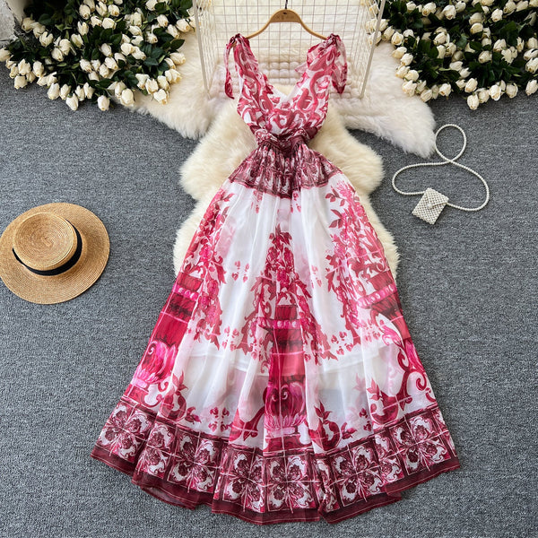 V-neck Colorful Printed Chiffon Dress