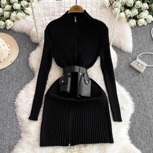 Zipped Knit Dress with Waist Pack