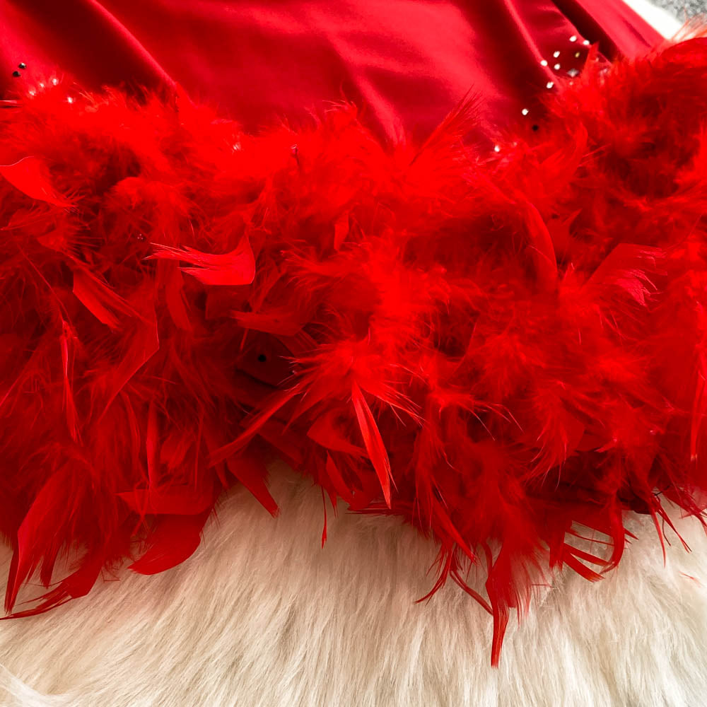 Irregular Design Fur Fringed Beaded Dress