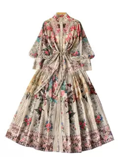 Courtly Lace-up Floral Shirt Dress