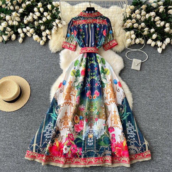 Courtly Floral Single-breasted Dress