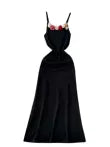 3d Floral Neckline Black Slip Dress