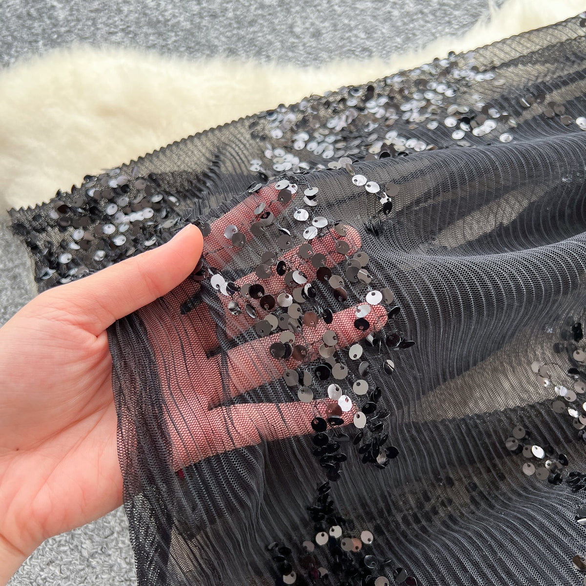 Rhinestone Studded Sequined Mesh Black Dress