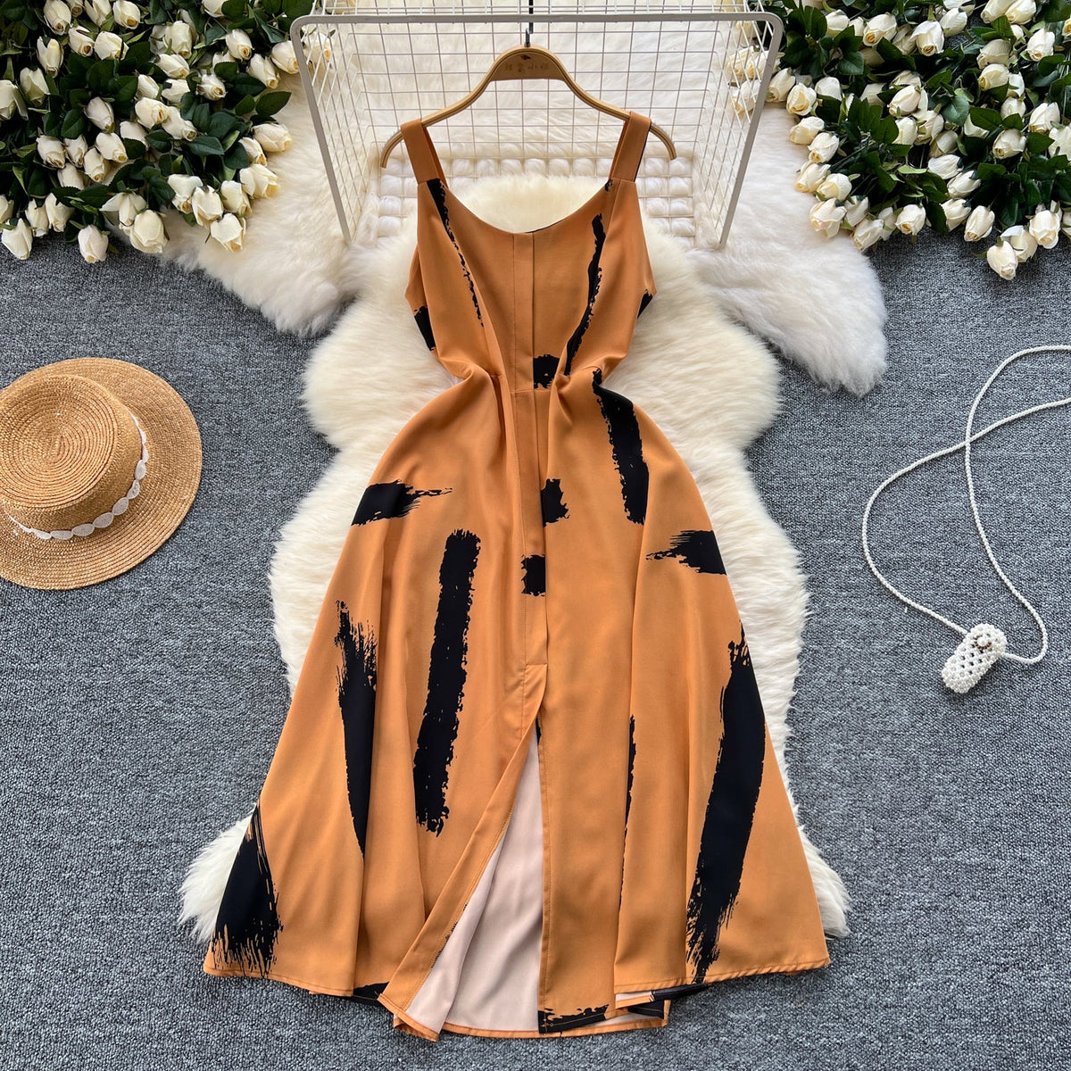 Vintage Printed Split Slip Dress