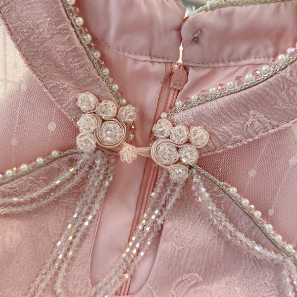 Beaded Pink Mesh Patchwork Cheongsam