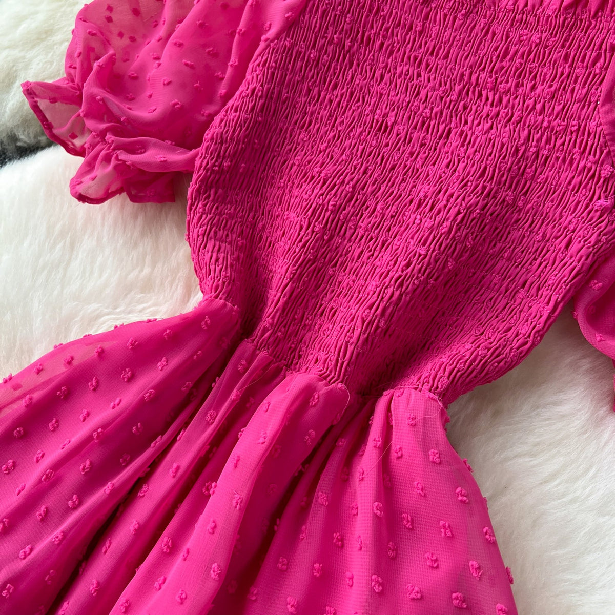 Solid Color Puffy Sleeve Ruffled Dress