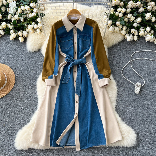 Vintage Lace-up Denim Patchwork Shirt Dress