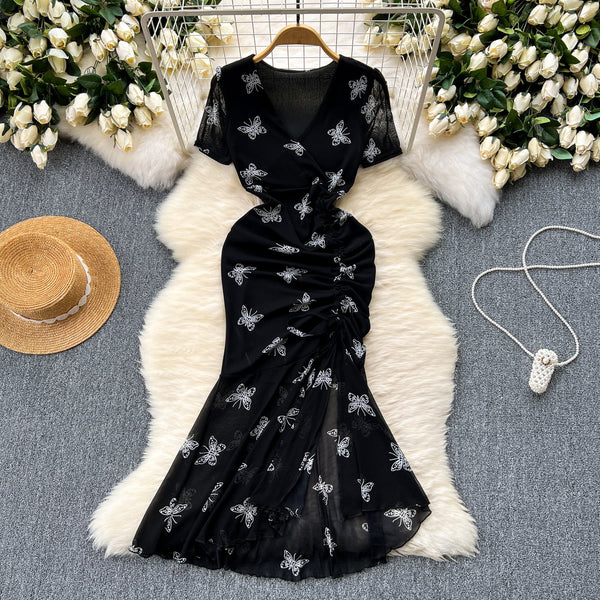 Elegant Printed Drawstring Fishtail Dress