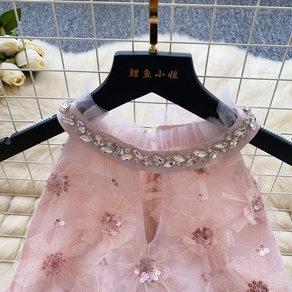 Rhinestone Studded Pink Floral Halter Dress