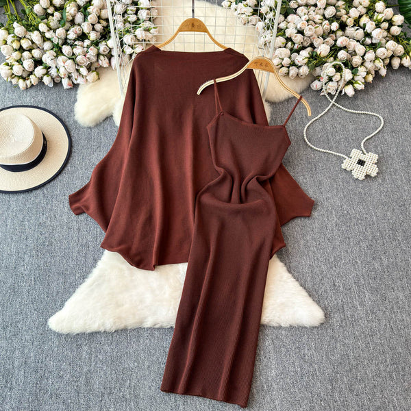 Knitted Shawl&Slip Dress 2Pcs