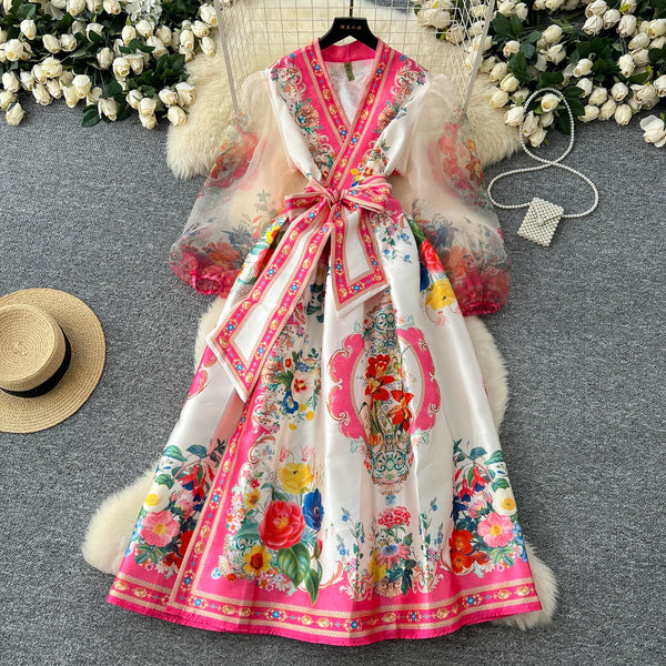 Courtly Lace-up Floral Printed Dress