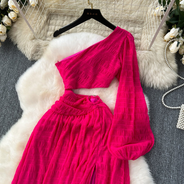 Slant Neckline Hollowed Rose Red Dress
