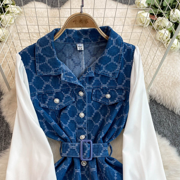 Chic Lapeled Patchwork Denim Dress