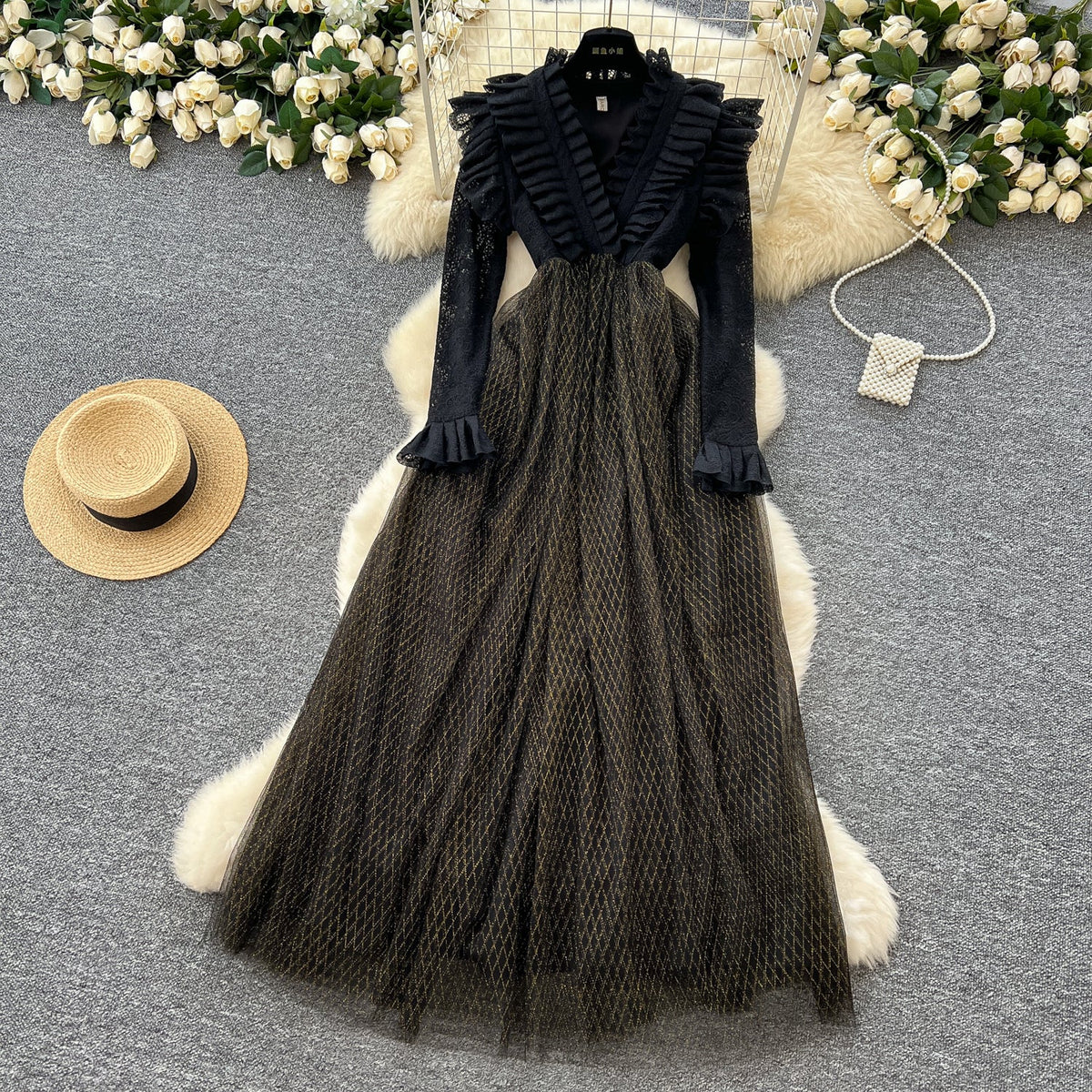 Ruffled V-neck Mesh Patchwork Dress