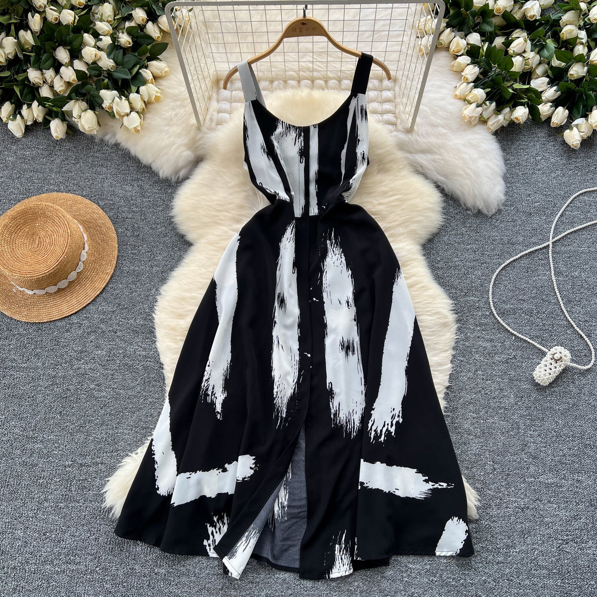 Vintage Printed Split Slip Dress