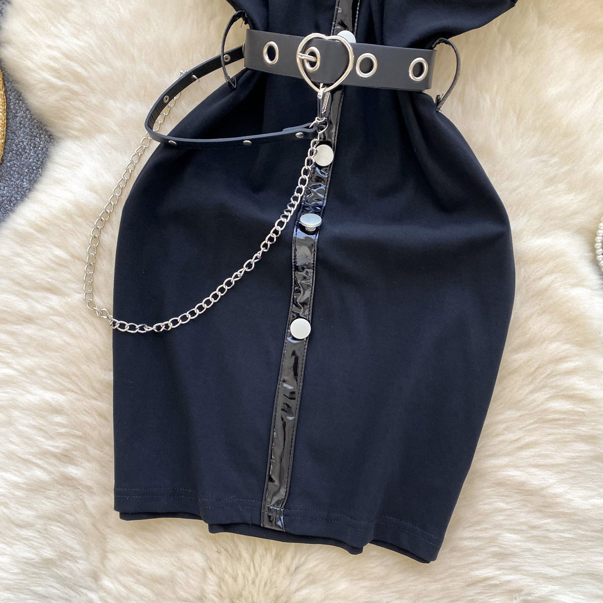 Hollowed Metal Button Black Dress