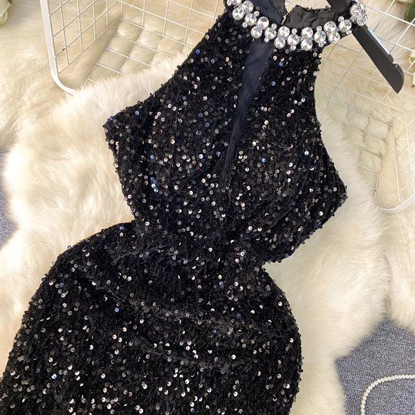 Rhinestone Studded Shiny Black Halter Dress