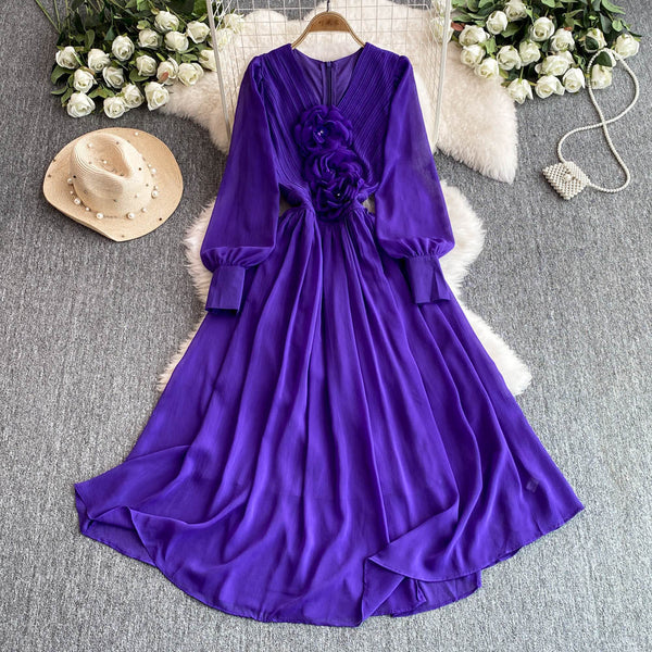 V-neck 3d Floral Chiffon Dress