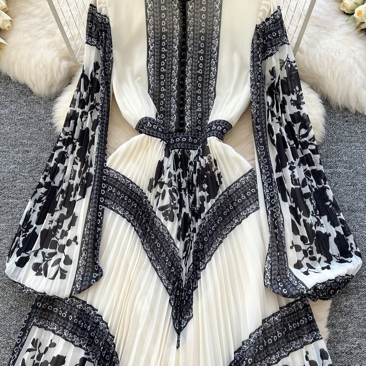 Floral Printed Pleated Ethnic Style Dress