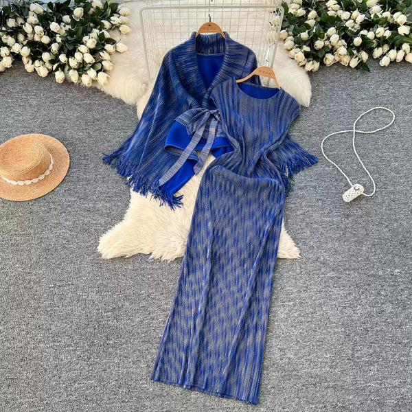 Beaded Fringed Cardigan & Vest Dress 2Pcs