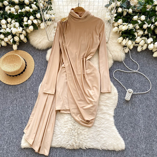 Irregular Design Turtleneck Dress with Ribbon