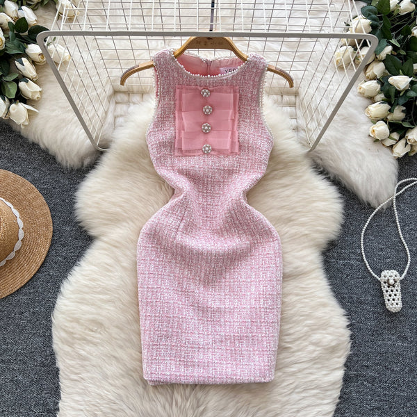 Sweetie Round Collar Pink Tweed Dress