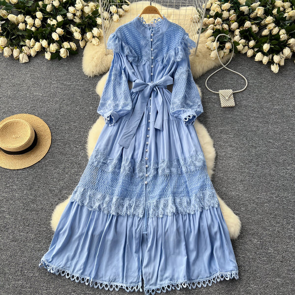 Vintage Lace Patchwork Single-breasted Dress