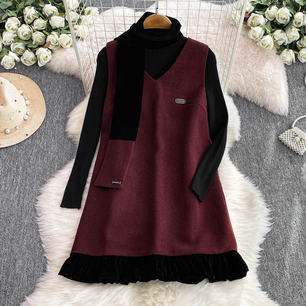 Patchwork Vest Dress&Black Sweater 2Pcs