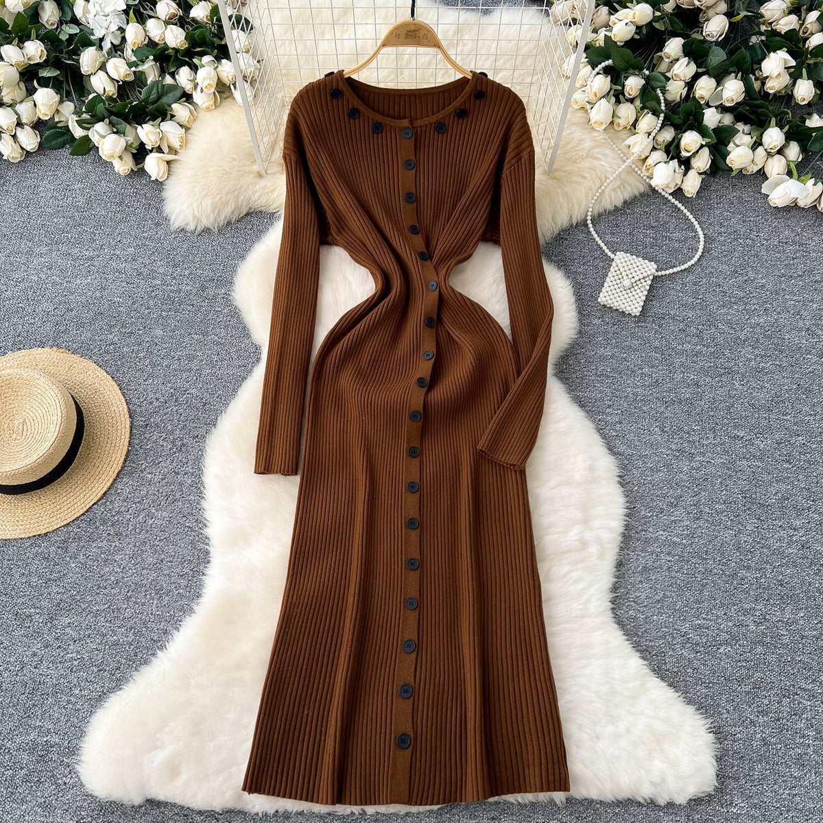 Round Collar Button Decorated Knitted Dress