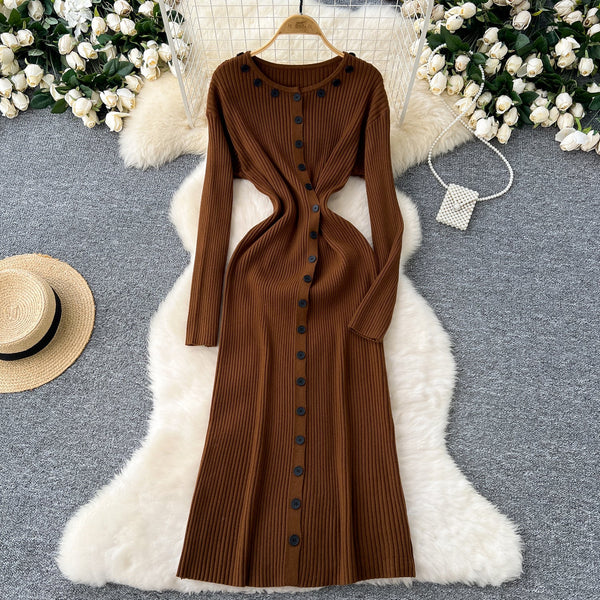 Round Collar Button Decorated Knitted Dress